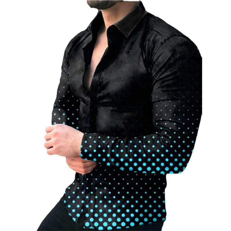 Men's long sleeve jeans Fritz shirt with a dots print, turn-down collar, buttoned front, casual streetwear style in a spring/autumn design.