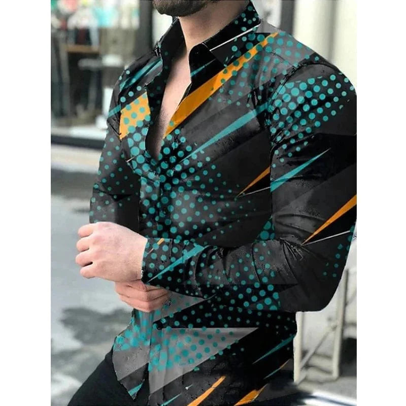 Men's long sleeve jeans Fritz shirt with a dots print, turn-down collar, buttoned front, casual streetwear style by SHOWLU FASHION STORE