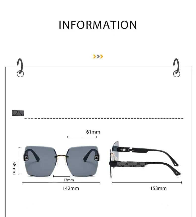 Showlu Women's Rimless Square Sunglasses with UV400 protection, large frame, and stylish cut-edge design for a fashionable look.