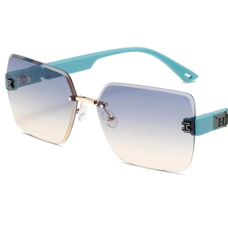 Showlu Women's Rimless Square Sunglasses with big frame, UV400 protection, stylish cut-edge design, perfect for round face.