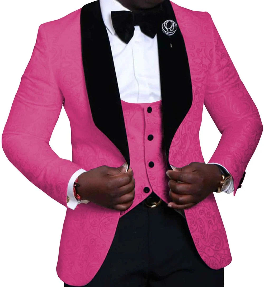 Men's skinny fit 3-piece tuxedo with shawl lapel, in red, white, and black, featuring blazer, pants, and vest for wedding attire.