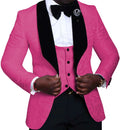 Men's skinny fit 3-piece tuxedo with shawl lapel, in red, white, and black, featuring blazer, pants, and vest for wedding attire.