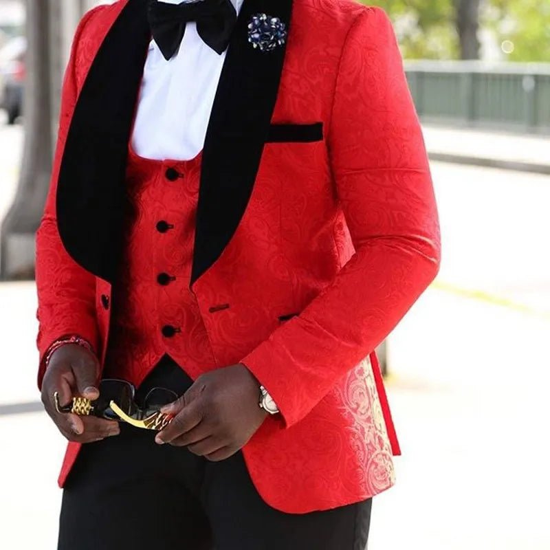 New Style Groomsmen Shawl Lapel Groom Tuxedos Red/White/Black Men Suits Wedding Best Man Blazer (Jacket+Pants+Tie+Vest) C46 - SHOWLU FASHION STORE