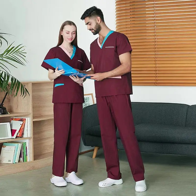 Showlu Mandarin Collar Medical Scrub Suit for nurses, slim fit doctor uniform with modern design, perfect for hospital and medical staff.