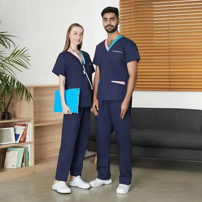 Showlu Mandarin Collar Medical Scrub Suit for nurses and doctors, slim fit hospital uniform with a professional look.