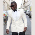 White double-breasted men's wedding tuxedo with shawl lapel, slim fit, including jacket and pants, perfect for formal occasions.