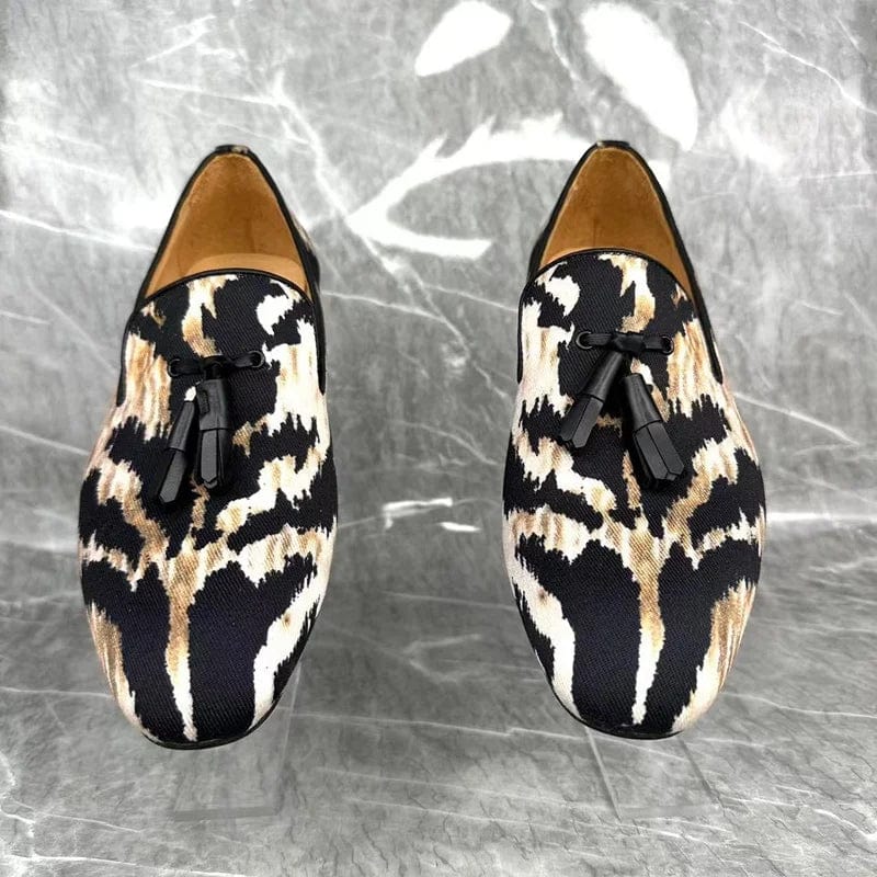 LTTL men's leopard print canvas loafers with tassels, handmade slip-on shoes for casual summer wear.