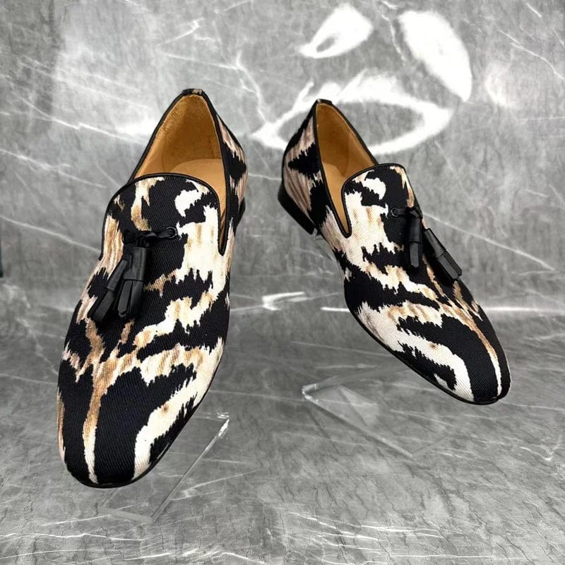 Leopard print canvas loafers for men with tassel slip-on design, handmade casual shoes for summer by Showlu Fashion Store.