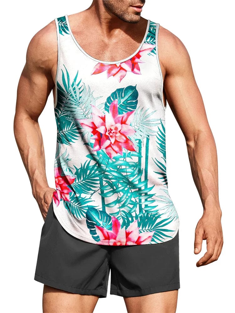 Men's Hawaiian palm leaf 3D print tank top by SHOWLU FASHION STORE, sleeveless summer beach vest with round neck and vibrant leaf design.
