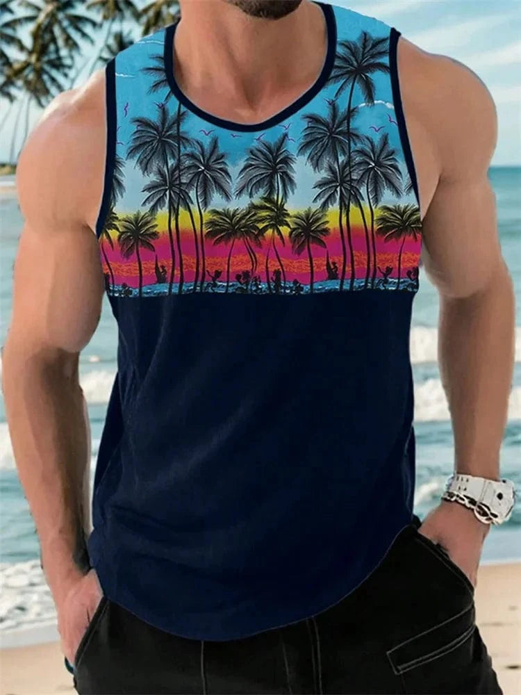 Men's Hawaiian palm leaf 3D print tank top by SHOWLU FASHION STORE, featuring a summer beach style with sleeveless design and round neck.