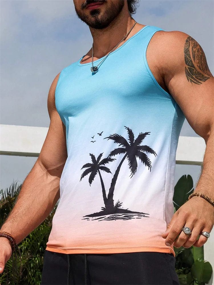 Men's Hawaiian palm leaf 3D print tank top, summer beach vest with round neckline, casual outdoor style, SHOWLU FASHION STORE