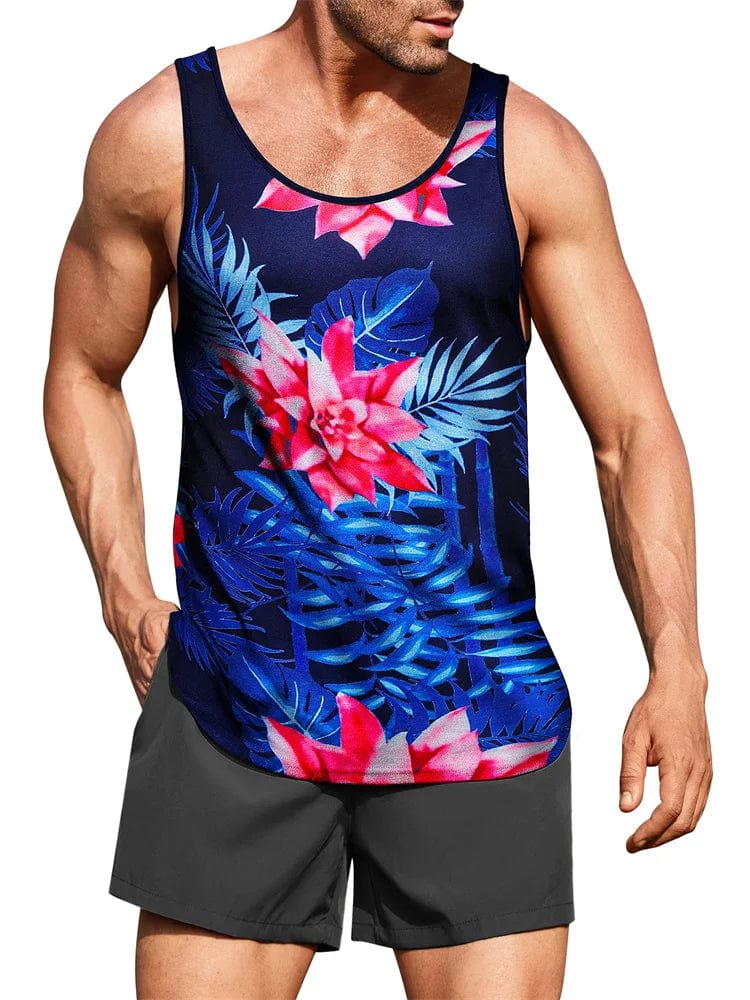 Men's Hawaiian palm leaf 3D print tank top by SHOWLU FASHION STORE, featuring a summer beach vest with tropical palm leaf design.