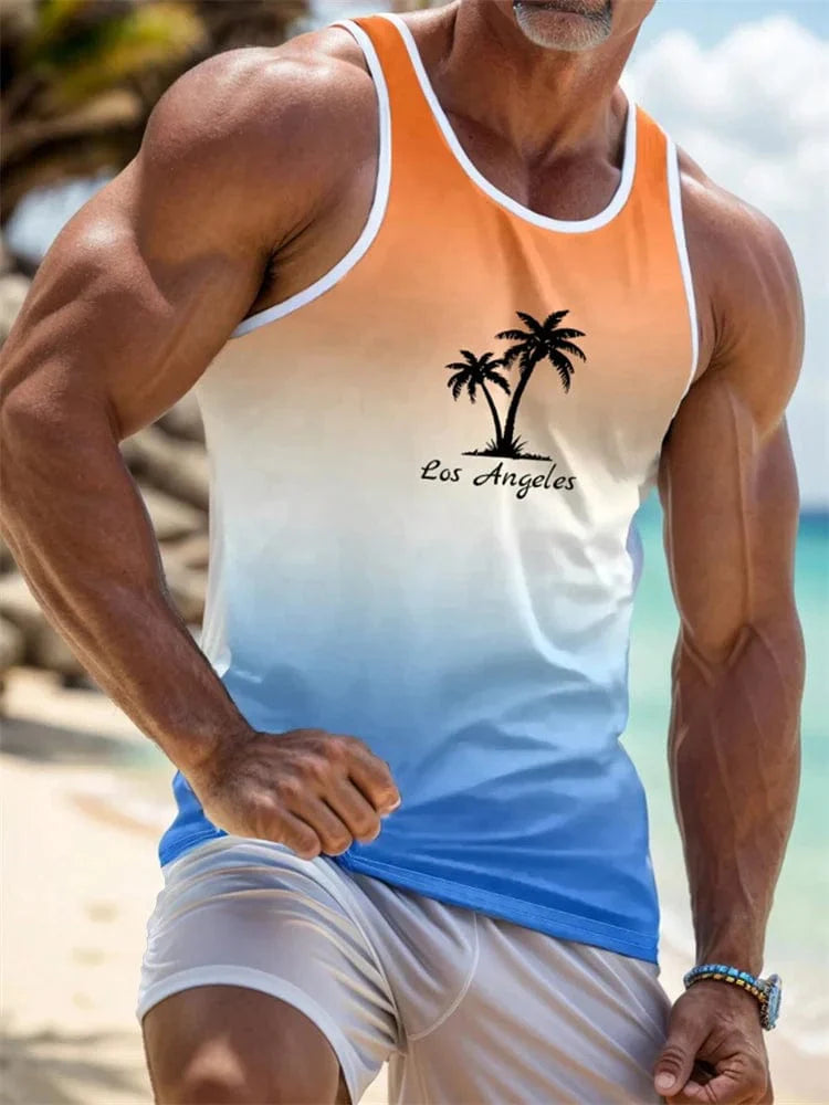 Men's Hawaiian palm leaf 3D print tank top, sleeveless summer beach vest with round neck, outdoor travel style by SHOWLU FASHION STORE.