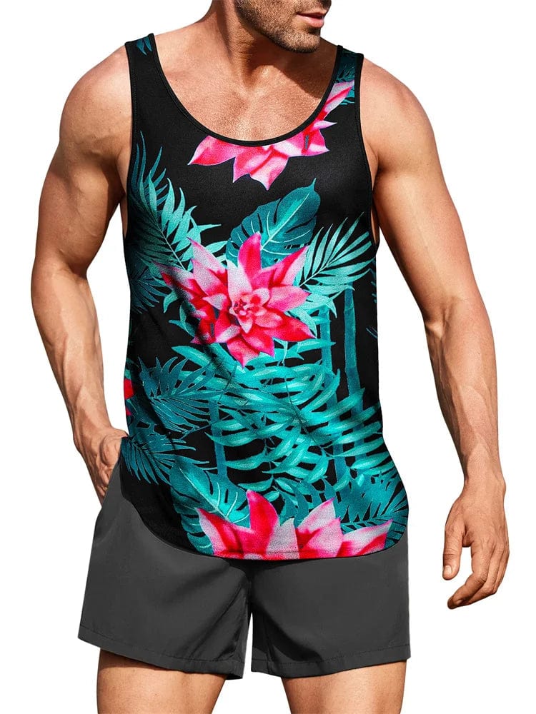 Men's Hawaiian palm leaf 3D print tank top from SHOWLU FASHION STORE, summer beach sleeveless T-shirt with round neck and tropical design.