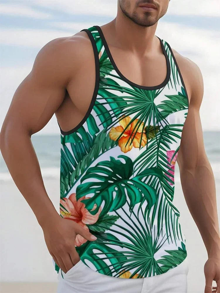 Men's Hawaiian palm leaf 3D print tank top by SHOWLU FASHION STORE, sleeveless beach vest with round neck and tropical design.