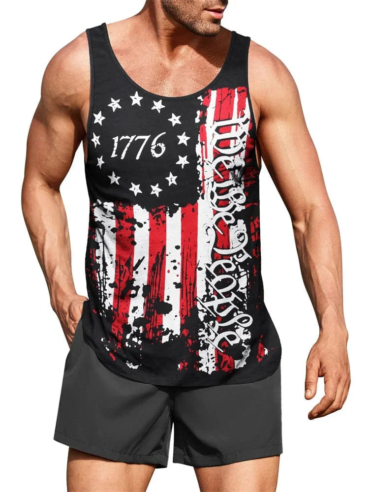 Men's Hawaiian palm leaf 3D print tank top featuring a round neck, sleeveless design, perfect for summer beachwear.