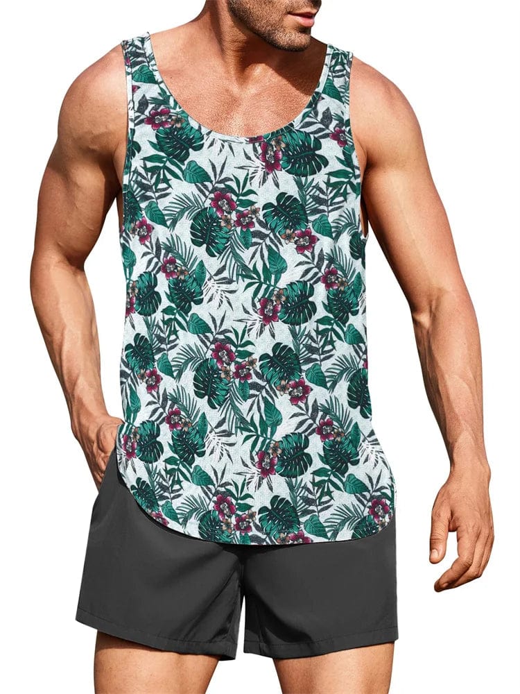 Men's Hawaiian palm leaf 3D print tank top featuring a round neck, sleeveless design, ideal for summer beachwear.