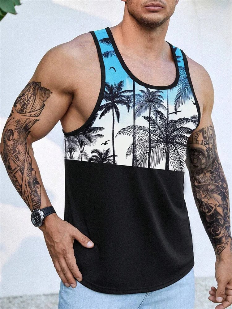 Men's Hawaiian palm leaf 3D print tank top, sleeveless beach vest with round neck, featuring vibrant tropical leaf design.