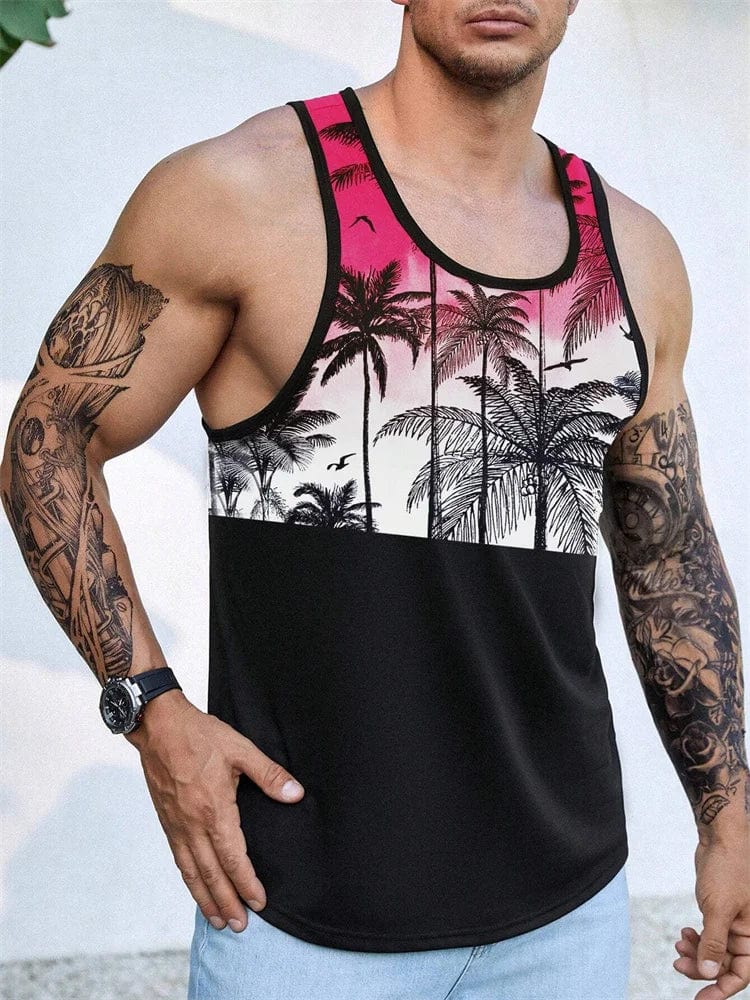 Men's Hawaiian palm leaf 3D print tank top by SHOWLU FASHION STORE, sleeveless summer beach vest with tropical leaf design.