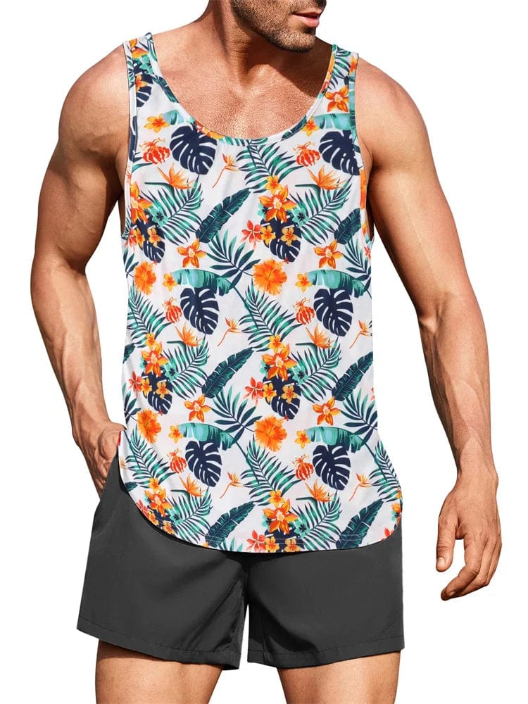 Men's Hawaiian palm leaf 3D print tank top featuring a round neck, sleeveless design, perfect for summer beachwear and outdoor activities.