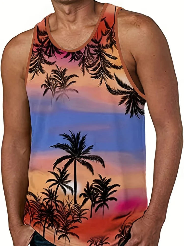 Men's Hawaiian palm leaf 3D print tank top by SHOWLU FASHION STORE, sleeveless summer beach vest with round neck and vibrant leaf design.