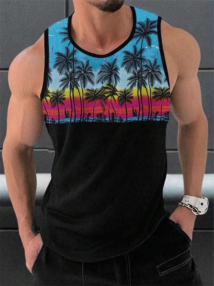 Men's Hawaiian palm leaf 3D print tank top, sleeveless summer beach vest with round neck and vibrant tropical design.