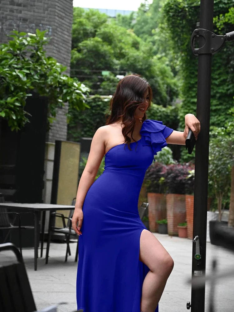 SHOWLU FASHION STORE women's one-shoulder summer dress featuring a sexy split, sleeveless design, and elegant floor-length style.