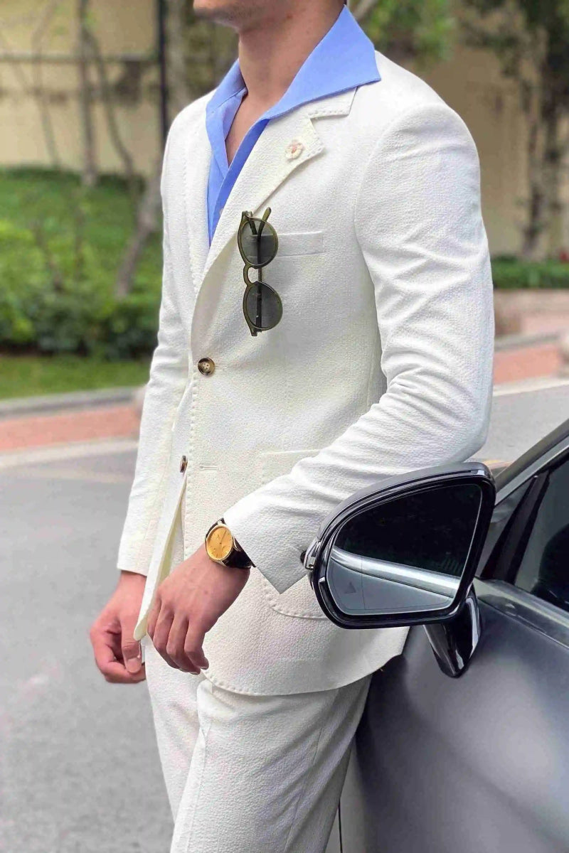 New Summer Seersucker Suit Men Italian Style British Slim Fit Casual White Suit Trendy Man Smoking Homme Mariage Men Tuxedo Suit - SHOWLU FASHION STORE