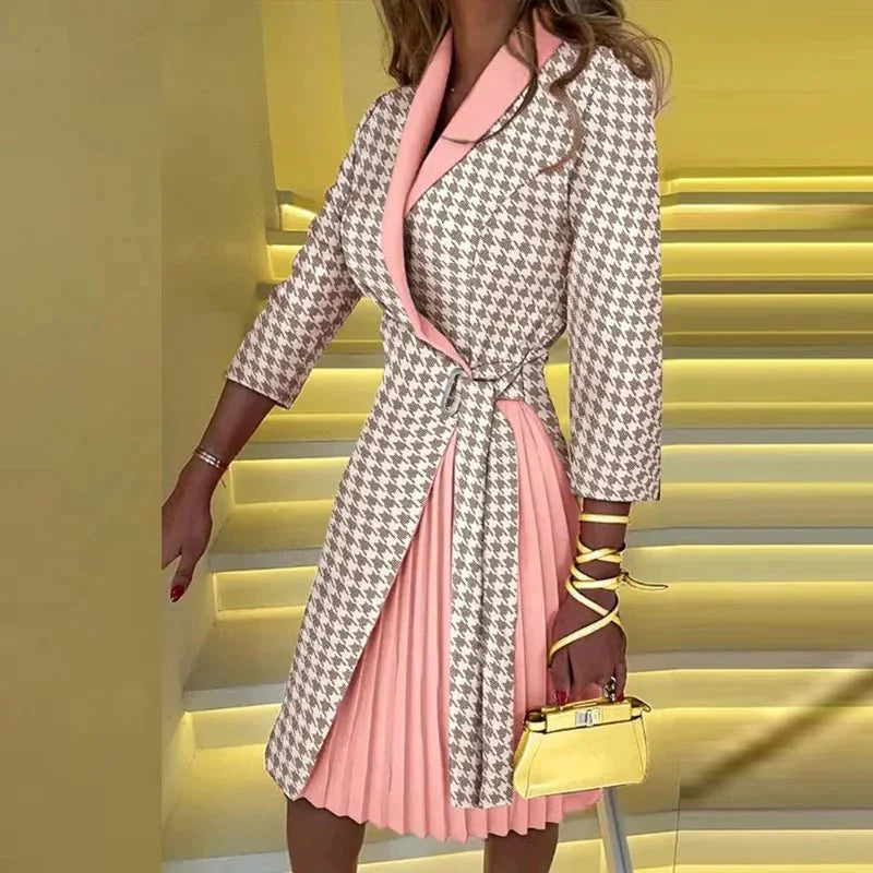 Navel Orange Women's plaid V-neck A-line dress with 3/4 sleeves, suitable for party or office wear, stylish autumn fashion.