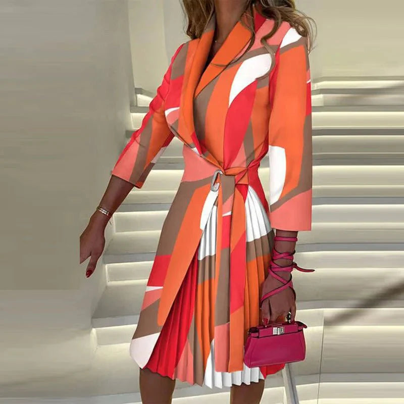 Navel Orange Women's Plaid V-Neck Party Dress with 3/4 sleeves, A-line silhouette, perfect for autumn and casual occasions.