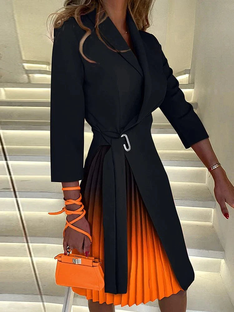 Navel Orange Women's Plaid V-Neck Party Dress with 3/4 sleeves, A-line style, suitable for office and autumn streetwear.