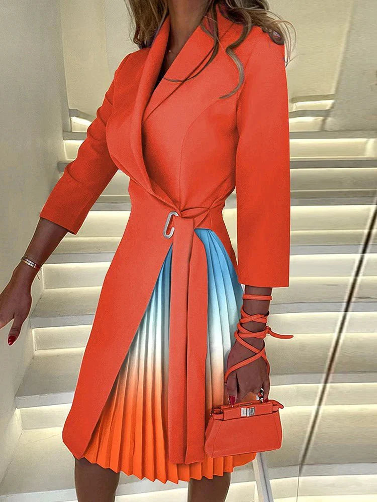 Navel Orange Women's Plaid V-Neck Party Dress with 3/4 sleeves, A-line silhouette, perfect for office or autumn streetwear.