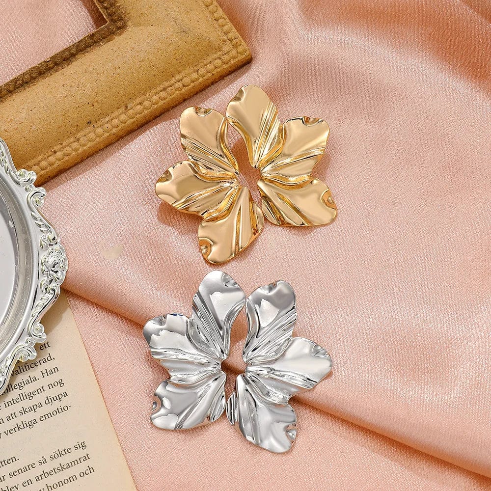Golden flower dangle earrings with French petal design, stylish jewelry for women, perfect for birthdays and special occasions.