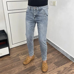 New Trendy Youth Washed Luxury Korean Style Slim Fit Harajuku Fashion Cowboy Streetwear Solid Cotton Men's Blue Jeans Men - SHOWLU FASHION STORE