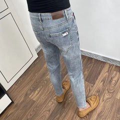 New Trendy Youth Washed Luxury Korean Style Slim Fit Harajuku Fashion Cowboy Streetwear Solid Cotton Men's Blue Jeans Men - SHOWLU FASHION STORE