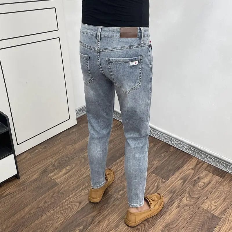New Trendy Youth Washed Luxury Korean Style Slim Fit Harajuku Fashion Cowboy Streetwear Solid Cotton Men's Blue Jeans Men - SHOWLU FASHION STORE