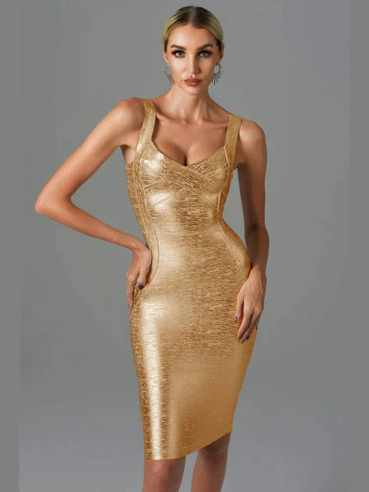 Vero Sinly women's gold bronzing midi bandage dress with sleeveless backless design, perfect for elegant summer parties.