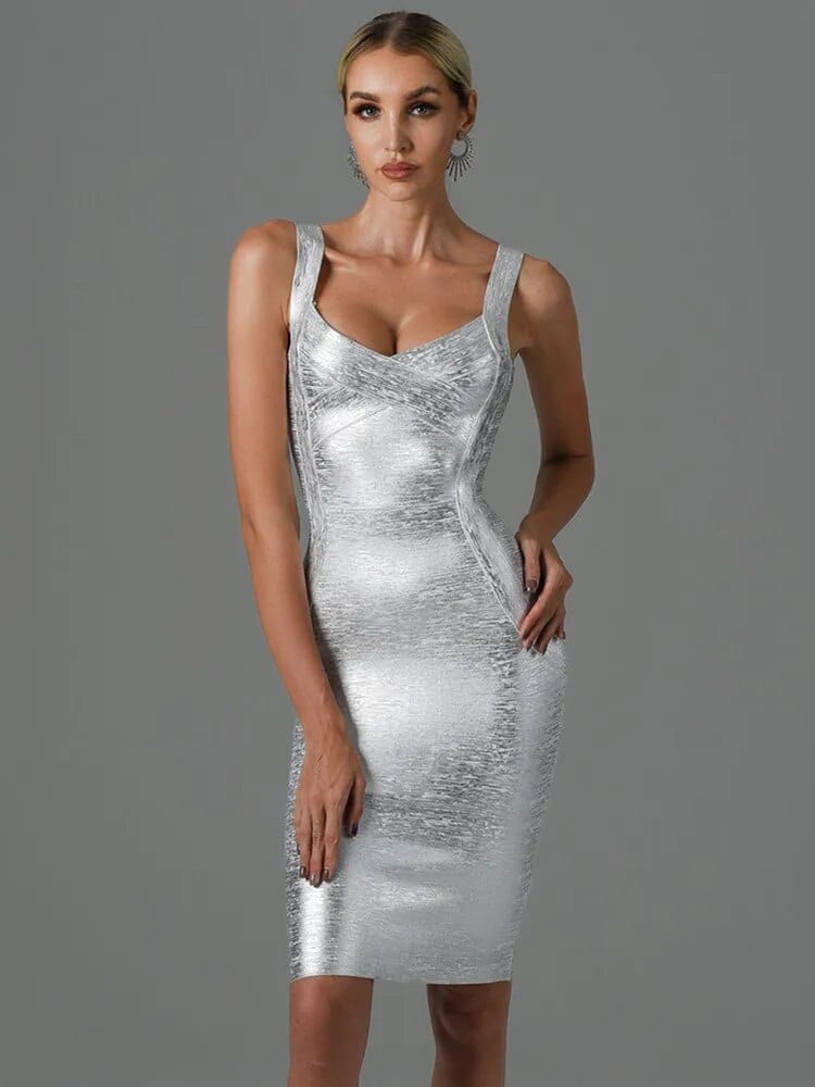 Vero Sinly women's gold bronzing midi bandage dress, sleeveless backless design, elegant party gown for summer events