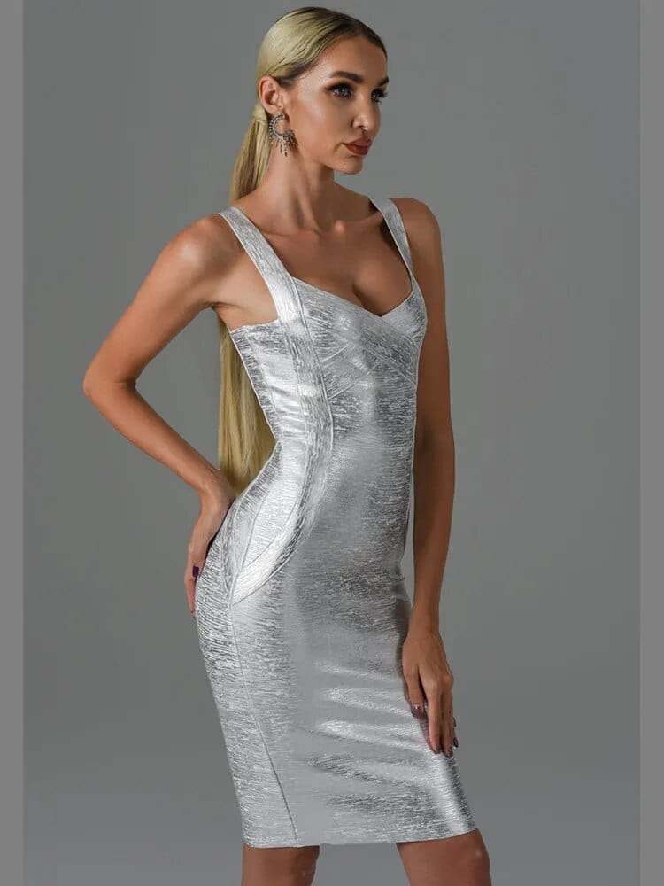 Gold and silver Vero Sinly women's bandage midi dress featuring a sleeveless, backless design, perfect for summer evening parties.