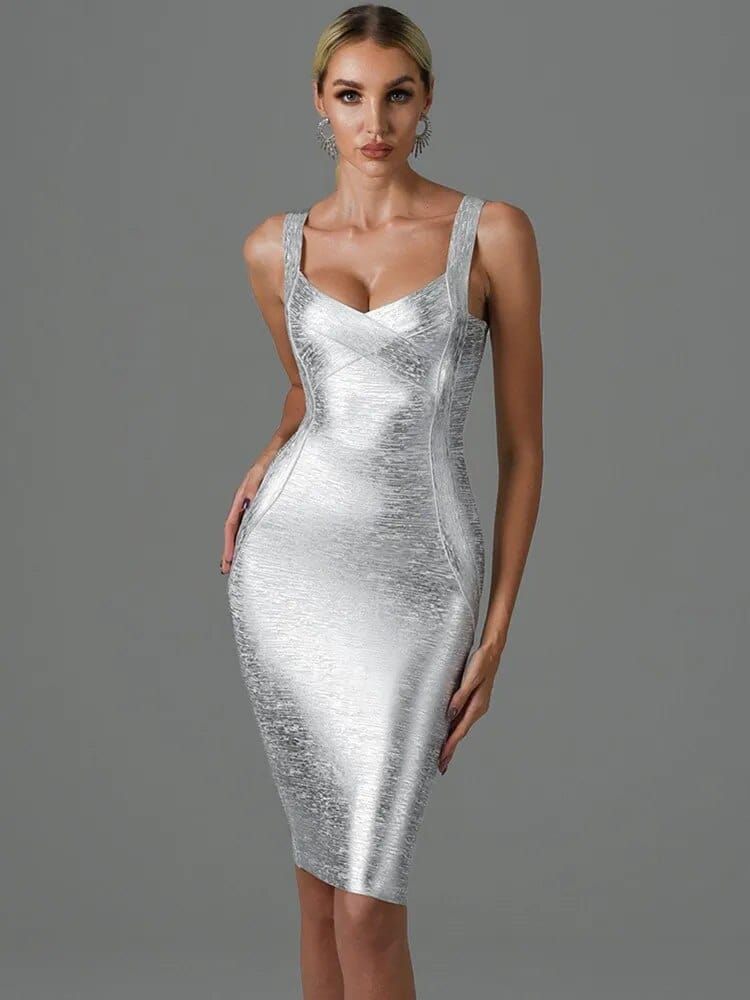 Vero Sinly women's gold bronzing midi bandage dress, sleeveless backless bodycon gown for summer parties and evening events.