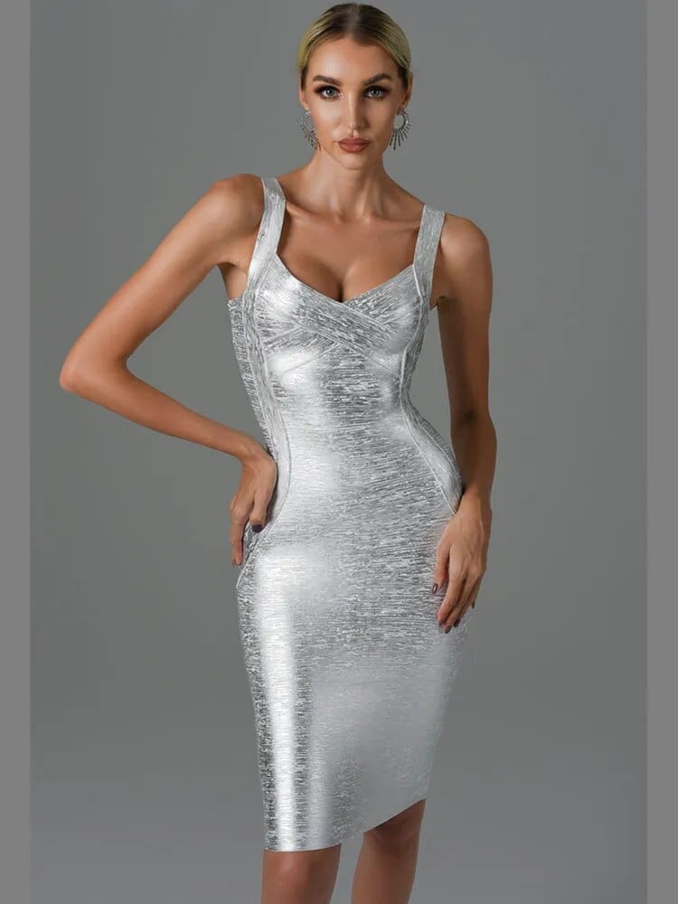 Vero Sinly women's gold bronzing midi bandage dress, sleeveless backless design, elegant party gown for women by Showlu Fashion