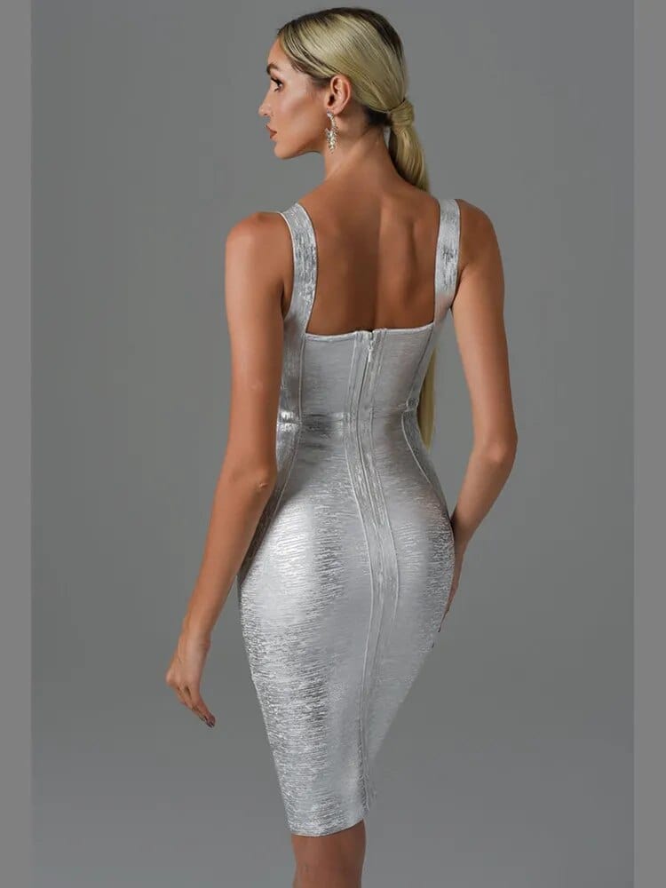 Vero Sinly women's gold bronzing midi bandage dress, sleeveless backless bodycon gown for summer evening parties.