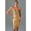 Vero Sinly women's gold bronzing midi bandage dress, sleeveless backless bodycon gown for summer parties and evening events.