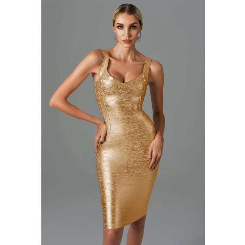 Vero Sinly women's gold bronzing midi bandage dress, sleeveless backless bodycon gown for summer parties and evening events.
