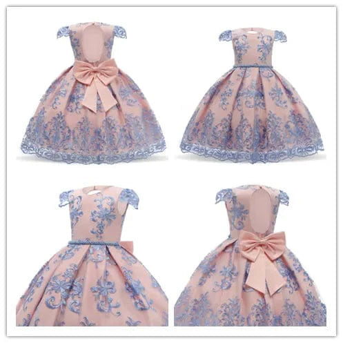 Girls princess party dress with a large bow, floral design, perfect for weddings, pageants, or formal events, by Showlu Fashion.