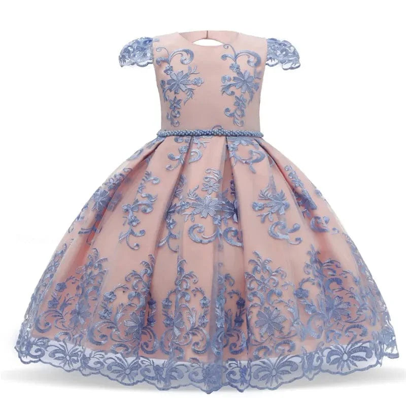 Girls princess party dress featuring a large bow, floral design, and ball gown style for special events and formal occasions.