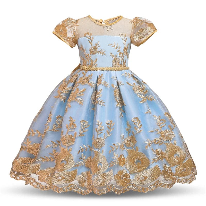 Girls floral princess party dress with large bow, ball gown style, perfect for pageants, weddings, and special occasions.