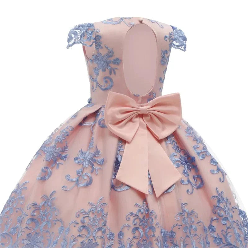 Showlu Fashion Girls Big Bow Princess Party Dress with floral design, perfect for weddings, pageants, or festive celebrations.