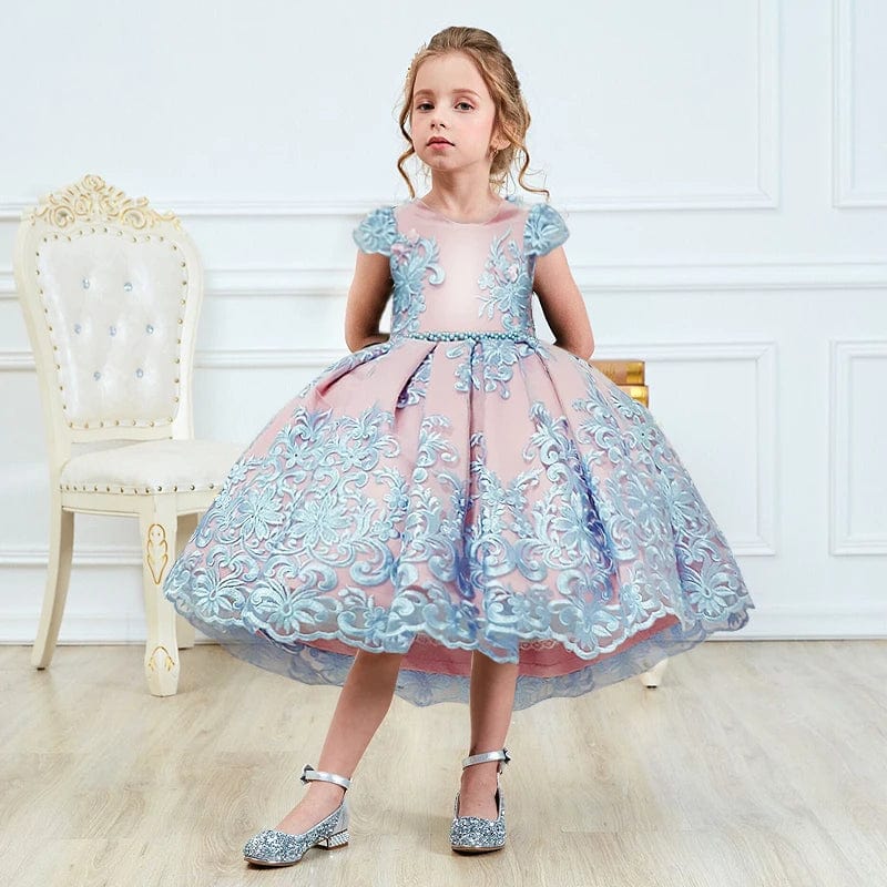 Girls princess party dress with large bow, floral design, suitable for weddings, pageants, and formal occasions, by Showlu Fashion.