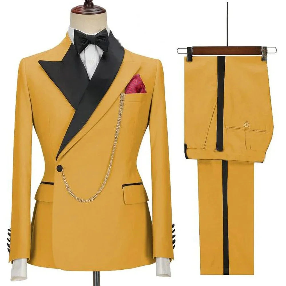 Yellow slim fit men's suit by SHOWLU FASHION STORE, featuring a 2-piece cotton blazer and pants for business or wedding wear.